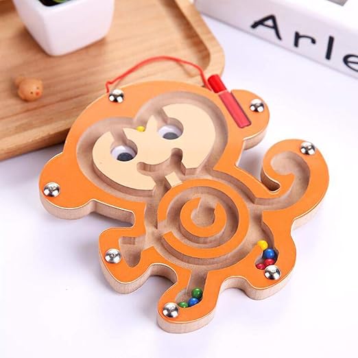 Magnetic Pen Driving Bead Maze Wooden Jigsaws Puzzle Board Game Educational Toy - MONKEY